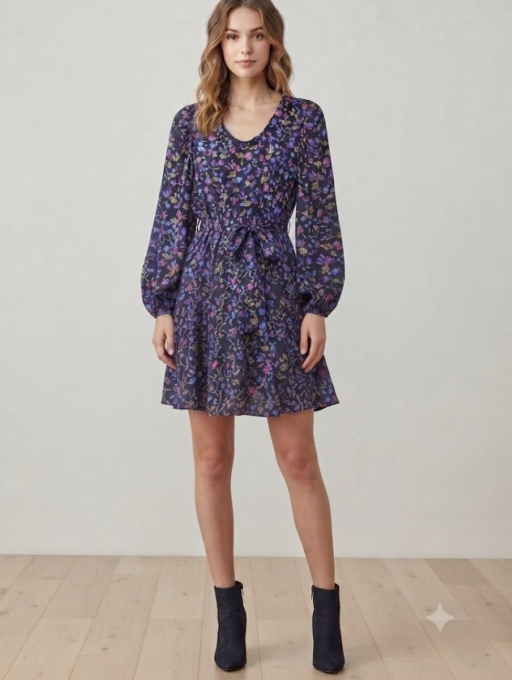 Floral Long-Sleeve Tie-Waist Dress - Black with Purple & Pink Floral